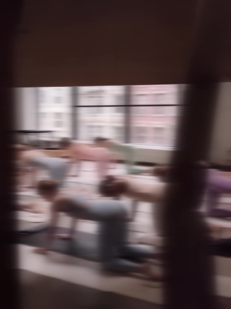 A studio class on all fours along a row of mats, tall windows behind, motion-blurred.